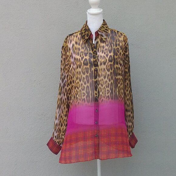 Mishca Blouse Women's Size XL Pink Beige Animal Print Long Sleeve Sheer Preppy - Picture 1 of 6
